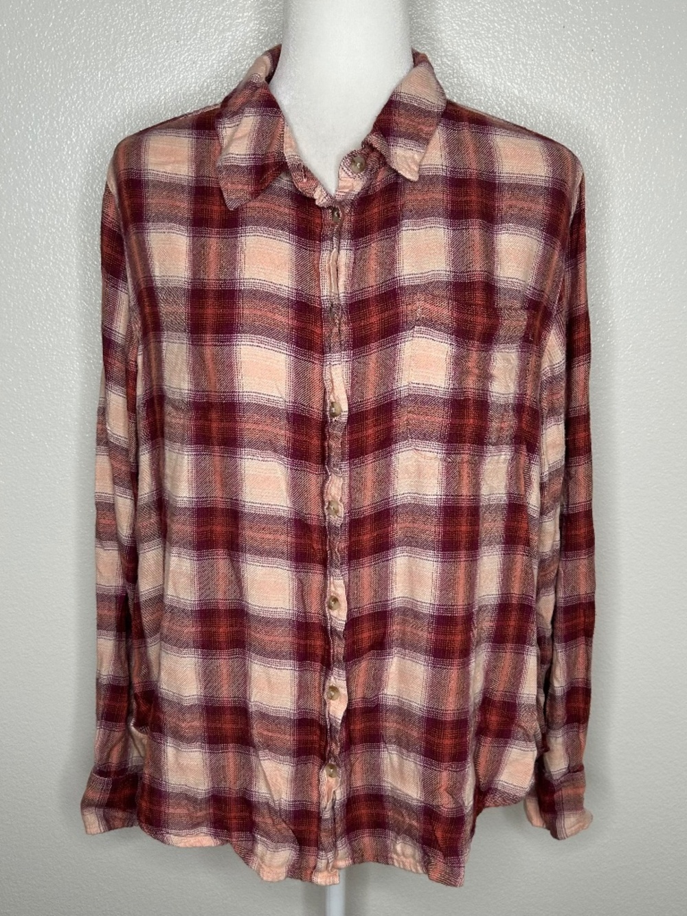 Lucky Brand Womens Burgundy & Cream Plaid Flannel Long Sleeve Button-Up Shirt M